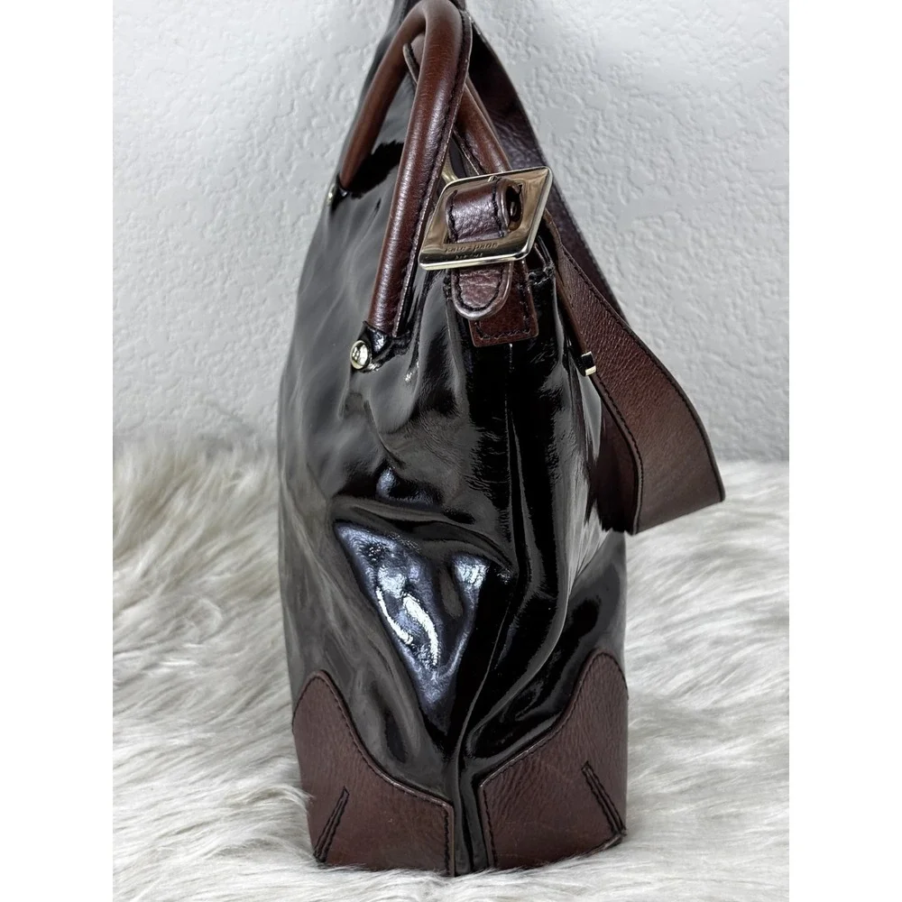 Kate Spade Patent Leather Satchel Black‎ Brown Trim Gold Tote Designer Chic Bag